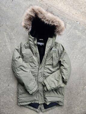 Eddie Bauer Olive Green Hooded Puffer Jacket with Faux Fur Trim